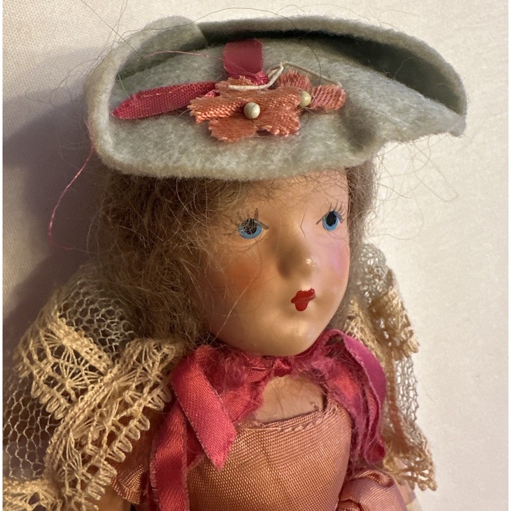 Vintage 1940s "Hollywood" Composition Doll 8" Original Dress Hat Beautiful Face